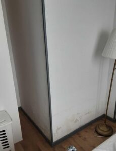 Moisissures sur les plinthes en bois et murs d'une chambre avant traitement