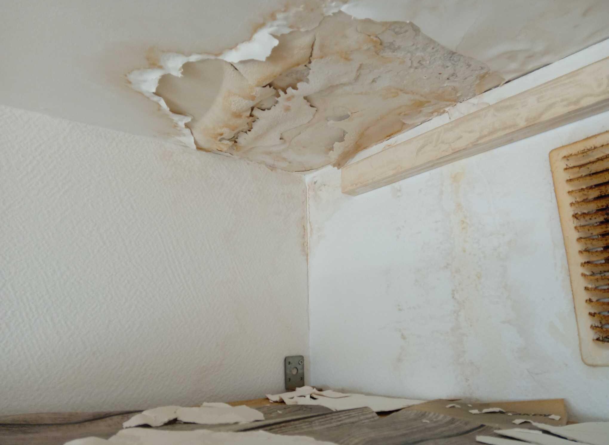 Peinture cloquée et murs abîmés par l'humidité dans une cuisine